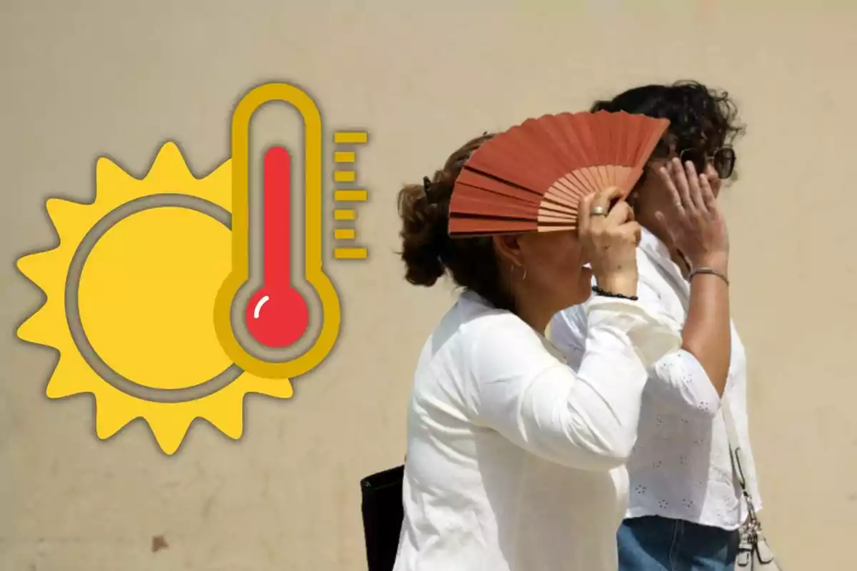 Dues dones caminen sota el sol intens mentre una d’elles es cobreix la cara amb un ventall i l’altra amb la mà, al costat d’un gràfic de sol i termòmetre que indica altes temperatures. Dues dones caminen sota el sol intens mentre una d’elles es cobreix la cara amb un ventall i l’altra amb la mà, al costat d’un gràfic de sol i termòmetre que indica altes temperatures.