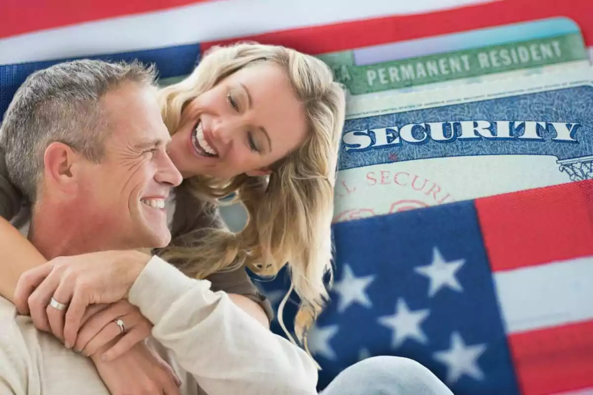 Smiling couple hugging with residency and social security documents on top of a United States flag