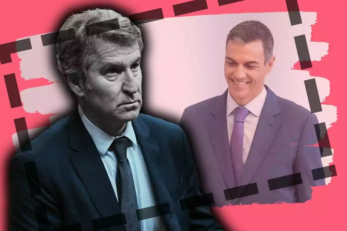 Dos hombres con traje aparecen en la imagen, uno de ellos está serio en primer plano y el otro sonríe en el fondo sobre un diseño gráfico de fondo rosa.