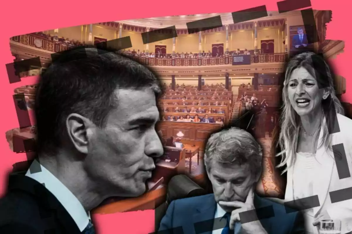 Tres persones en primer pla amb expressions serioses i de preocupació sobre un fons de l’interior d’un parlament amb seients i públic, tot amb un disseny gràfic de retalls i fons rosa.