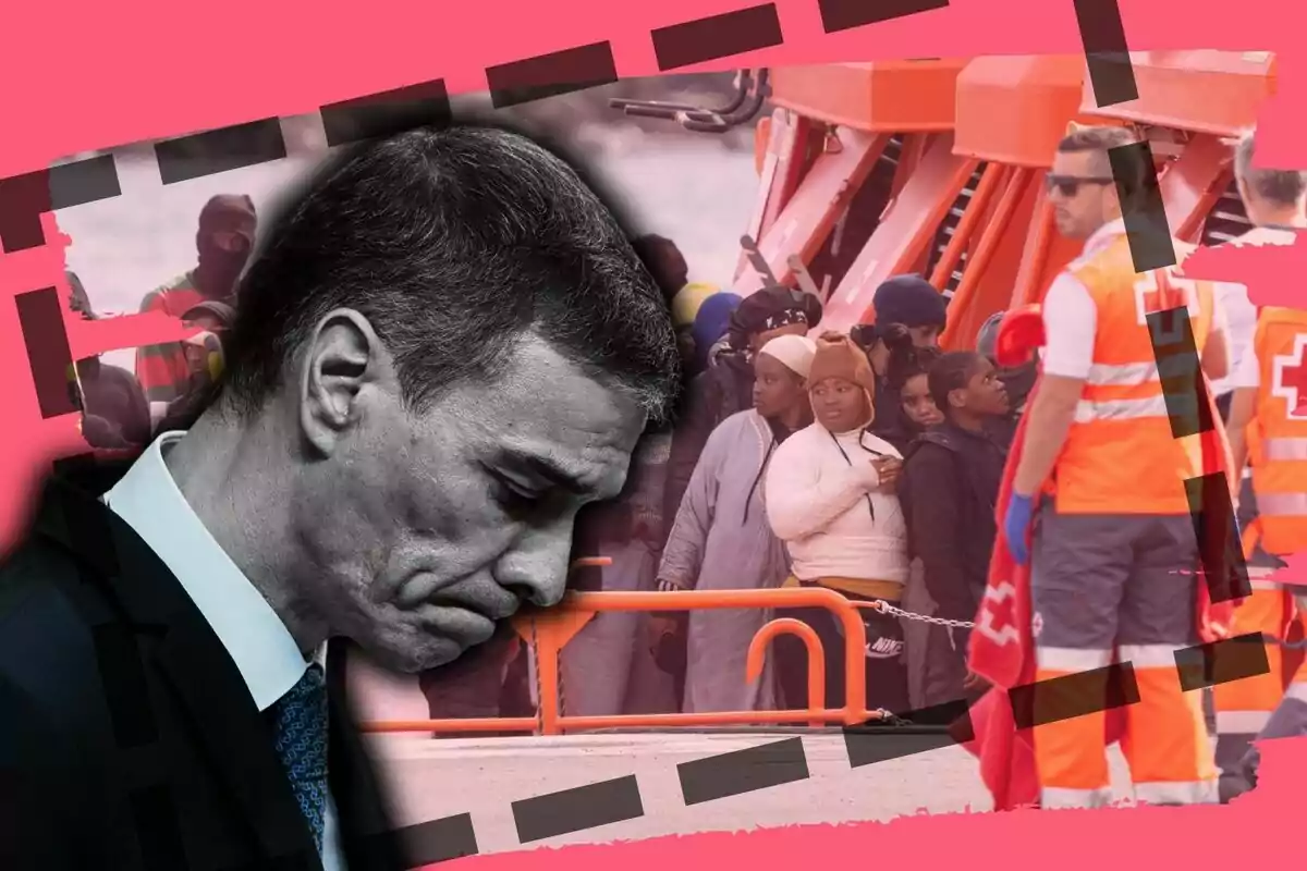 Pedro Sánchez amb expressió seriosa en primer pla i un grup de persones juntament amb treballadors d’emergències al fons, amb un disseny gràfic de fons rosa i negre.