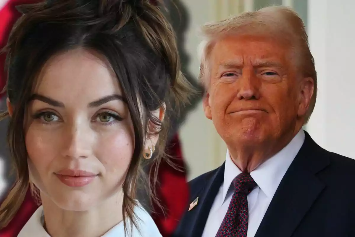 Ana de Armas and Donald Trump in suits appear together in a photo montage.