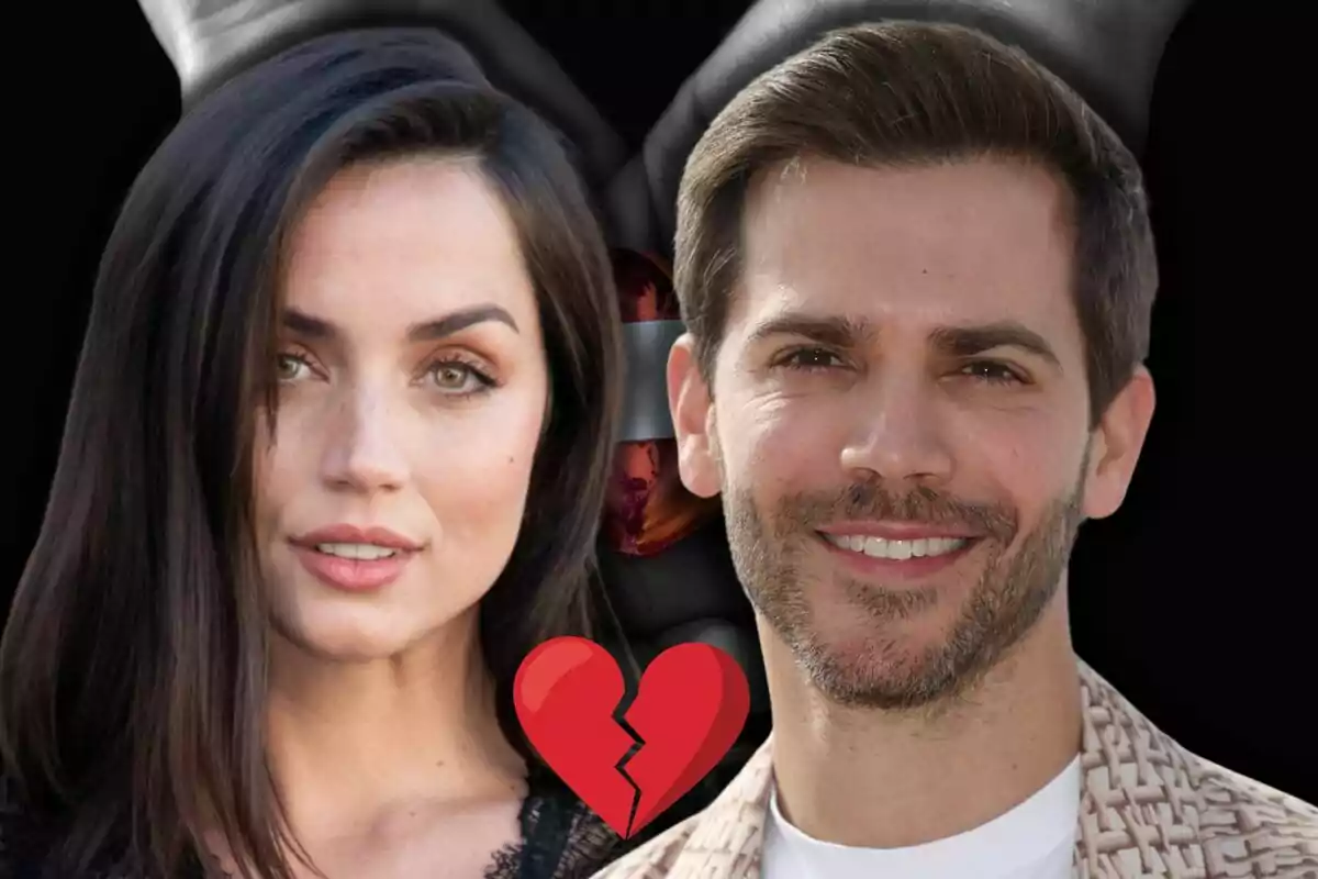 Ana de Armas y Marc Clotet aparecen juntos con un corazón roto en el centro, sugiriendo una ruptura amorosa.