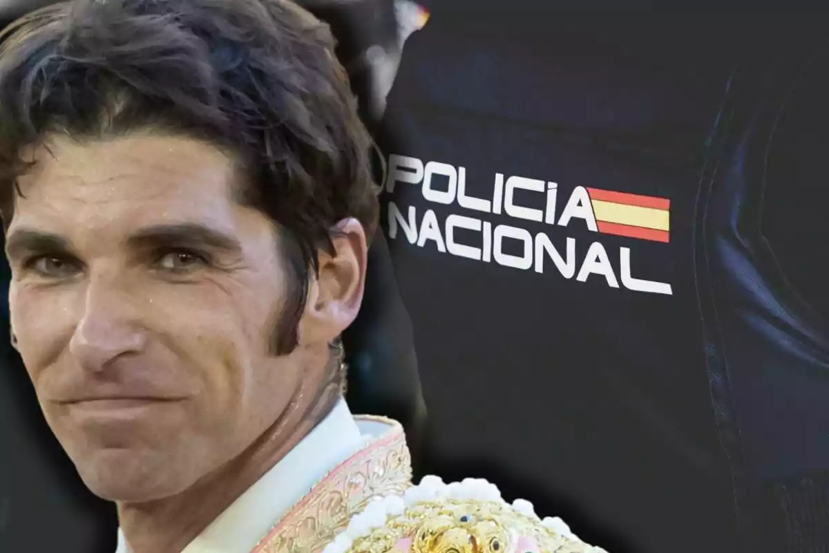 Cayetano Rivera vestit de torero apareix en primer pla al costat d’un xalec de la policia nacional d’Espanya