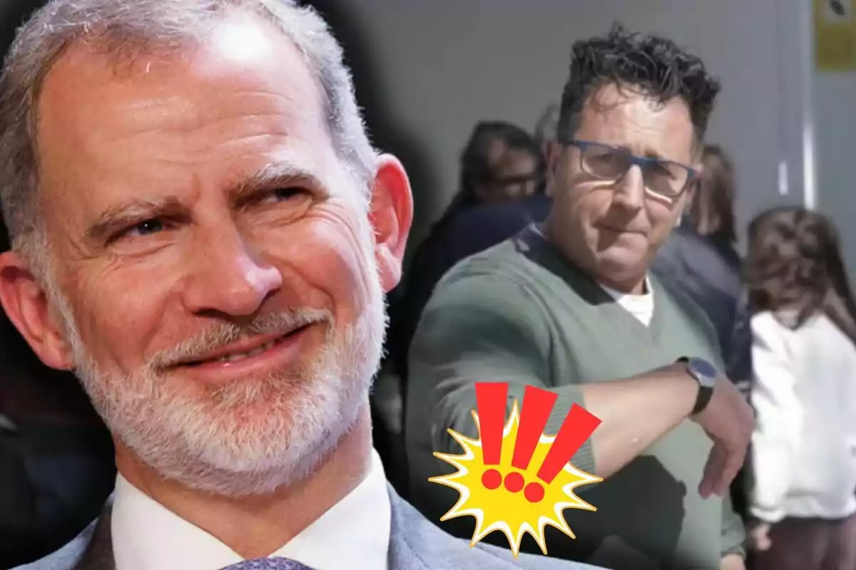 Felip VI somriu en primer pla mentre Guillem Cabot amb jersei verd apareix al fons amb un gest seriós i un gràfic d’exclamacions vermelles sobre un fons groc ressalta a la imatge.