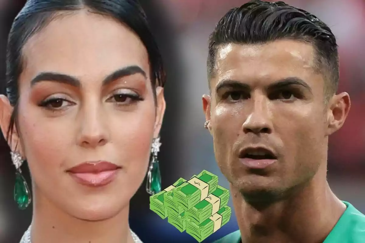 Primer plano de Georgina Rodríguez y Cristiano Ronaldo con expresión seria y un dibujo de fajos de billetes en el centro