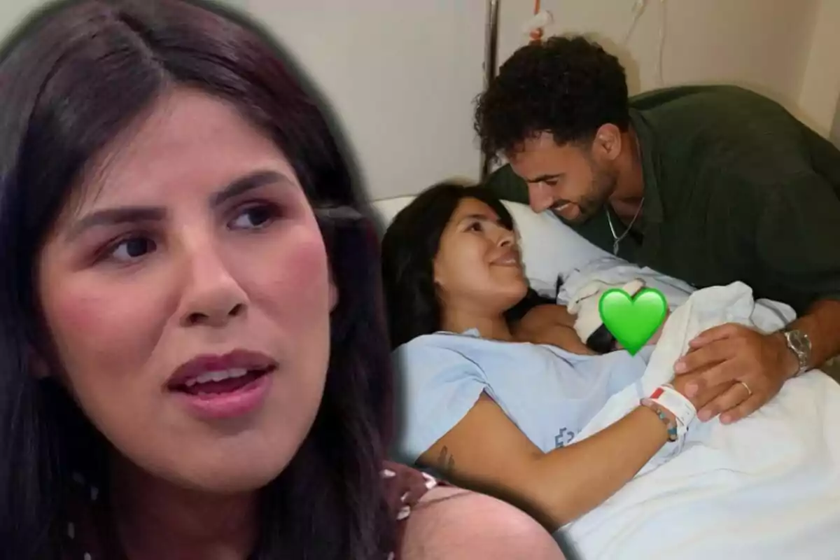 Isa Pantoja with a serious expression in the foreground and, in the background, her with Asraf Beno smiling on a hospital bed with a newborn baby covered by a green heart emoji.