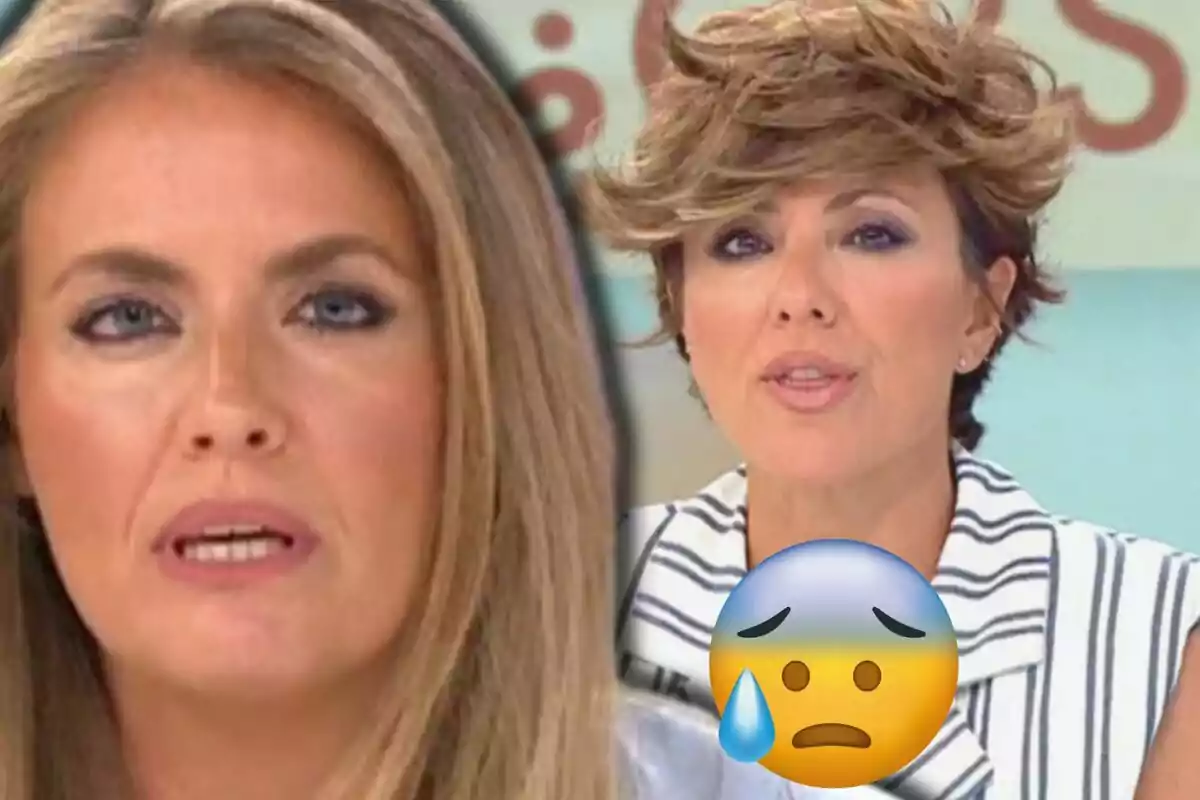 Pepa Romero y Sonsoles Ónega en un set de televisión con un emoji de cara preocupada y una gota de sudor en primer plano