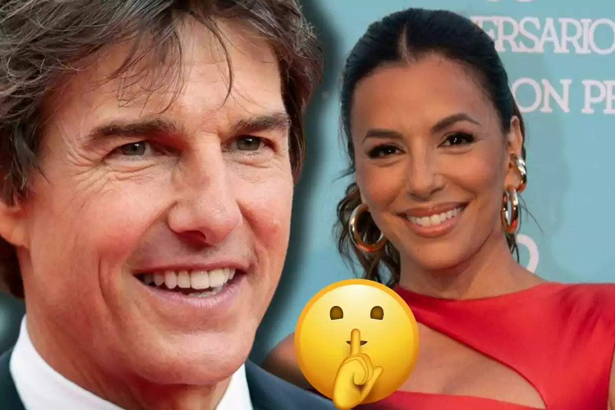 Tom Cruise i Eva Longoria somriuen mentre un emoji de silenci apareix en primer pla