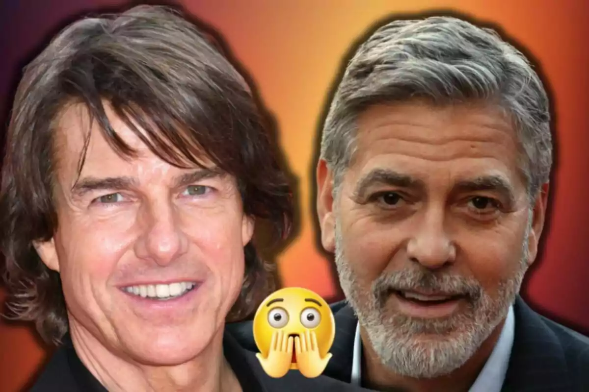 Tom Cruise and George Clooney smiling in the foreground with a surprised emoji in the center and a blurred background in warm tones.