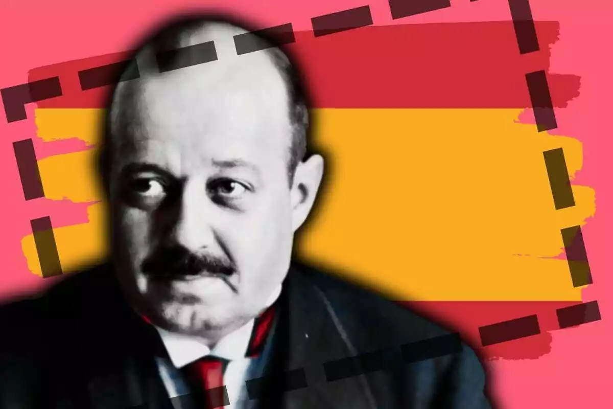 José María Quiñones de León en blanco y negro con bigote y traje oscuro sobre un fondo con los colores de la bandera de España y detalles en rosa