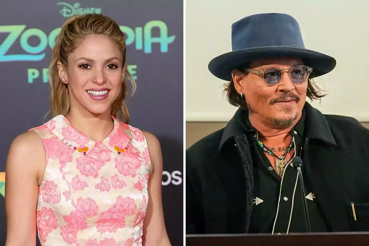 Shakira y Johnny Depp posando en diferentes eventos una con vestido floral y otra con sombrero y gafas Shakira y Johnny Depp posando en diferentes eventos una con vestido floral y otra con sombrero y gafas