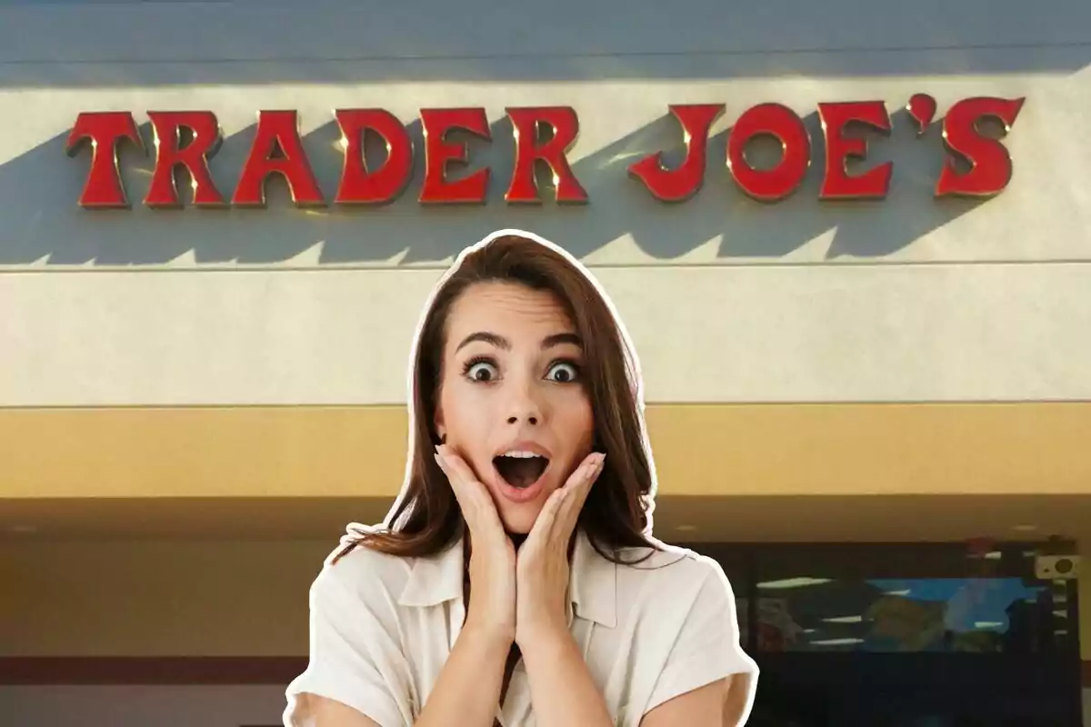 Surprised woman in front of the entrance to a Trader Joe's store