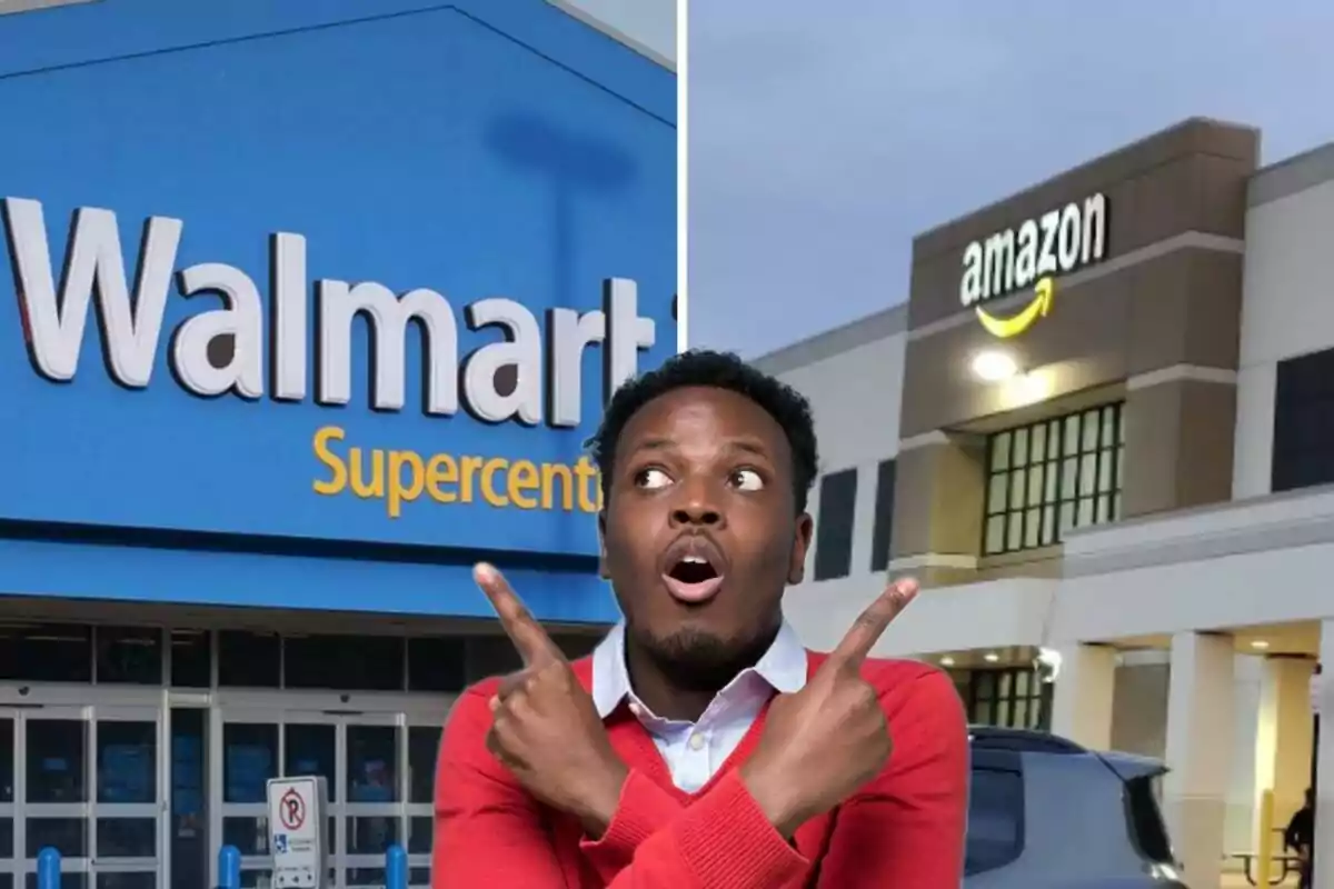 Man with a surprised expression pointing toward the Walmart and Amazon signs in the background