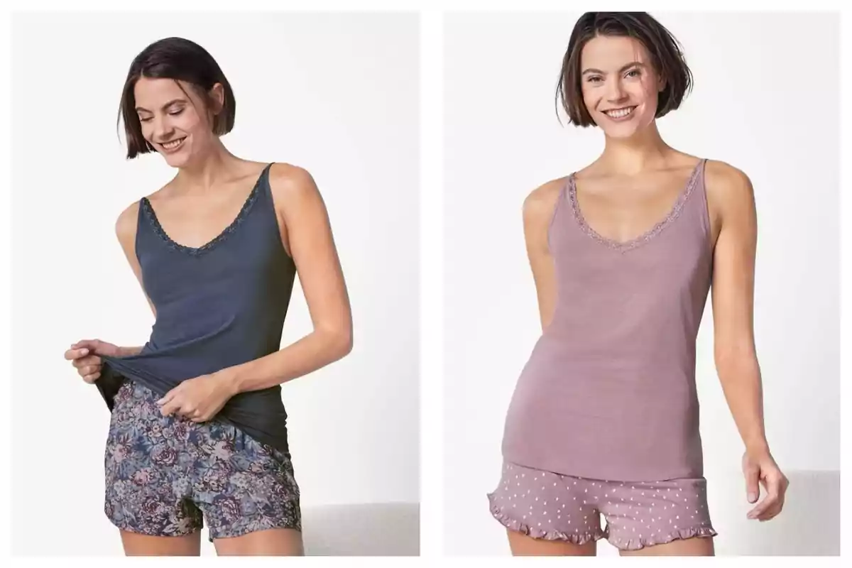 Dona amb cabell curt modelant dos conjunts de pijama de tirants i pantalons curts, un de blau amb estampat floral i un altre de lila amb pantalons curts de punts blancs, tots dos de Lidl. Dona amb cabell curt modelant dos conjunts de pijama de tirants i pantalons curts, un de blau amb estampat floral i un altre de lila amb pantalons curts de punts blancs, tots dos de Lidl.