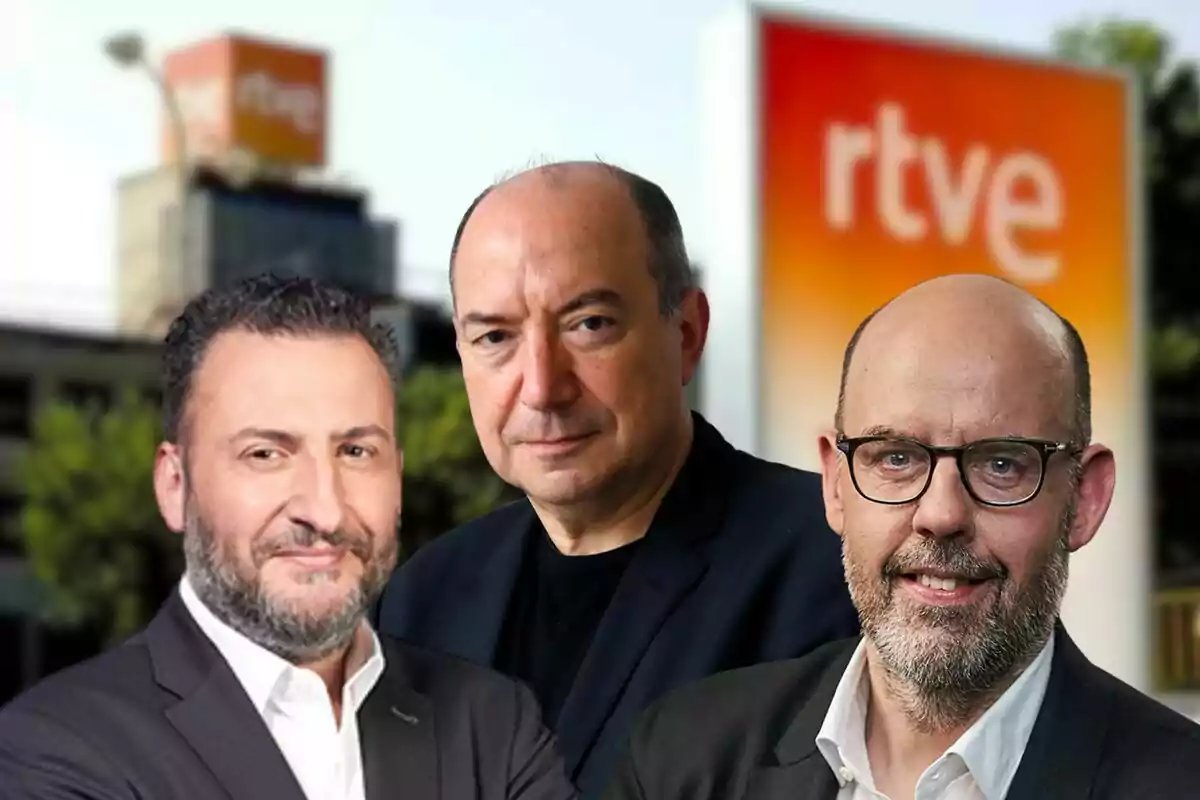 Three men pose in front of a building with the RTVE logo in the background.