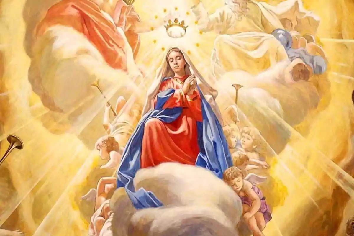 Pintura religiosa de la coronació de la Verge María envoltada d’àngels i llum celestial