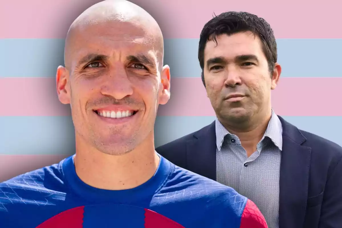Two men pose in front of a background with horizontal stripes in shades of pink and blue; one is wearing a sports jersey and smiling, while the other is dressed in a suit and has a serious expression.