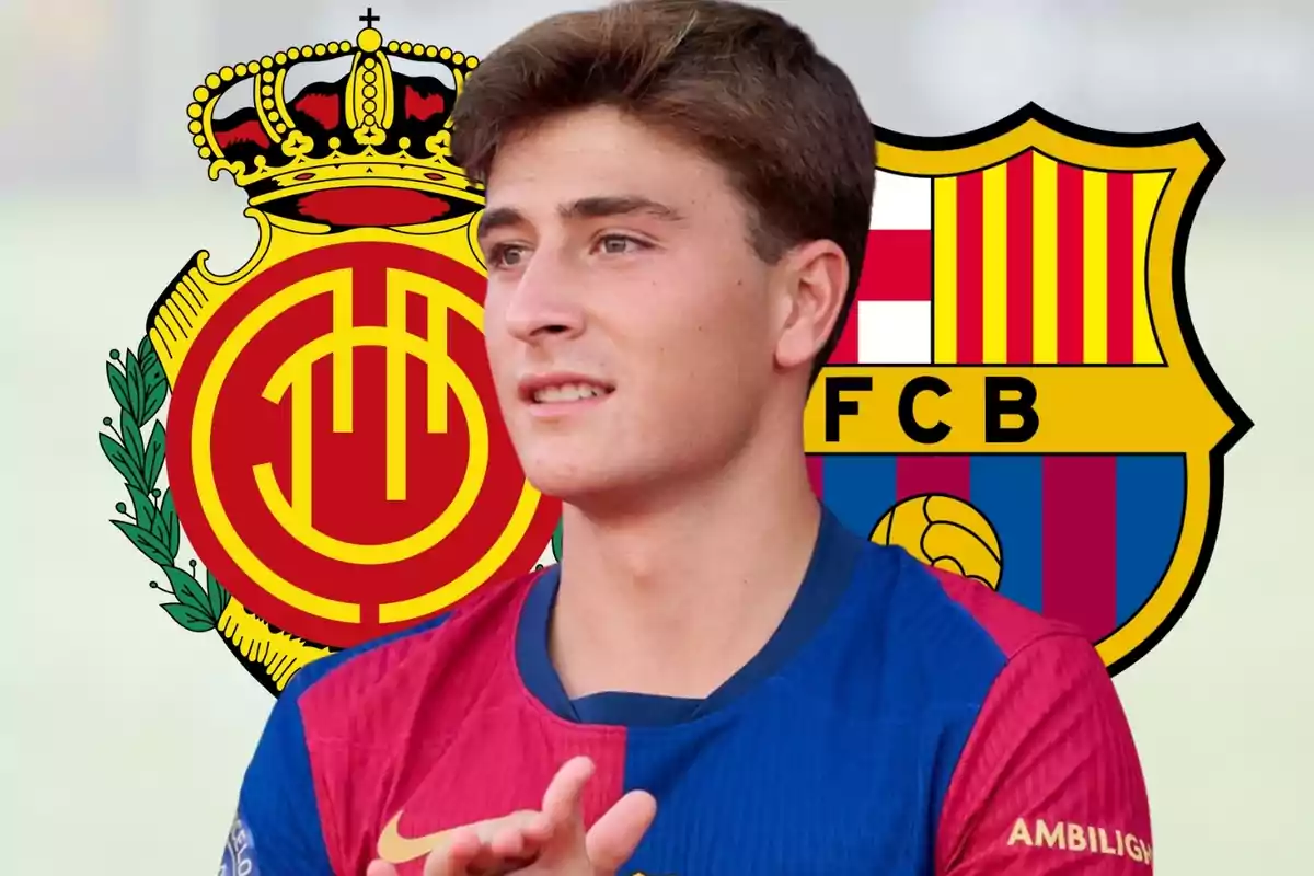 Un futbolista amb samarreta del Barcelona apareix davant dels escuts del Mallorca i del Barcelona