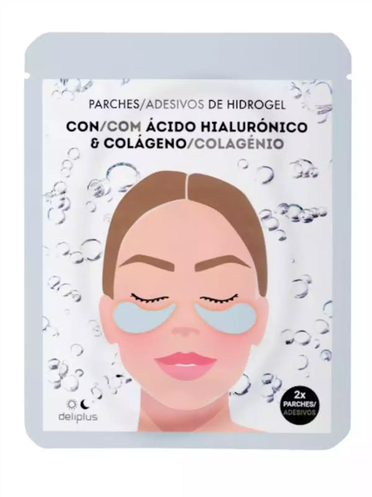 Package of Deliplus brand hydrogel eye patches with hyaluronic acid and collagen, featuring an illustration of a female face with the patches applied under the eyes and bubbles in the background Package of Deliplus brand hydrogel eye patches with hyaluronic acid and collagen, featuring an illustration of a female face with the patches applied under the eyes and bubbles in the background