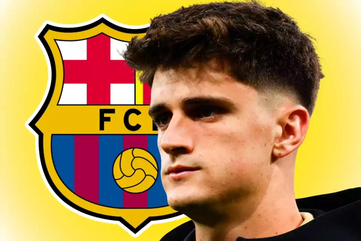 Young man with short hair and a serious expression in front of the FC Barcelona crest against a yellow background