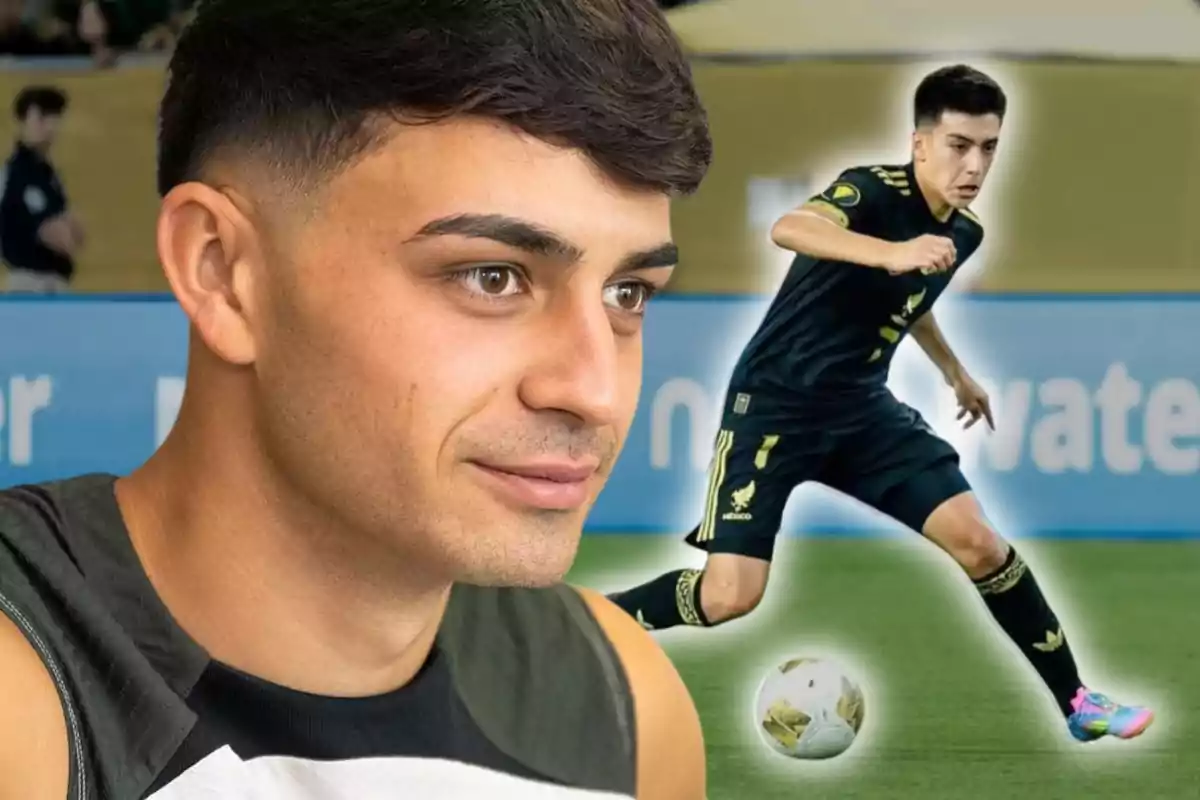 Young man with short dark hair in the foreground and, in the background, an edited image of him playing soccer in a black uniform