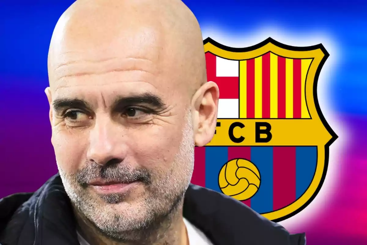 Bald man with a beard looking to the side with the FC Barcelona crest in the background
