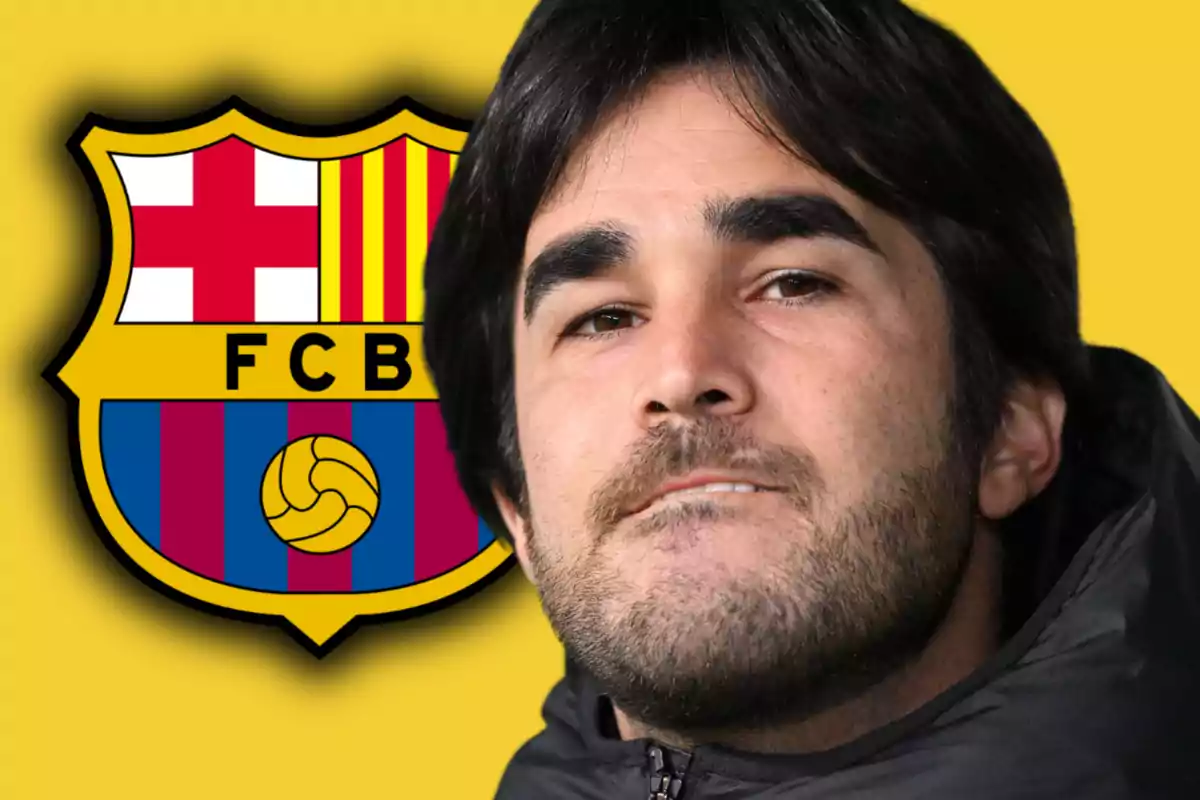 Dark-haired, bearded man in front of the FC Barcelona crest on a yellow background