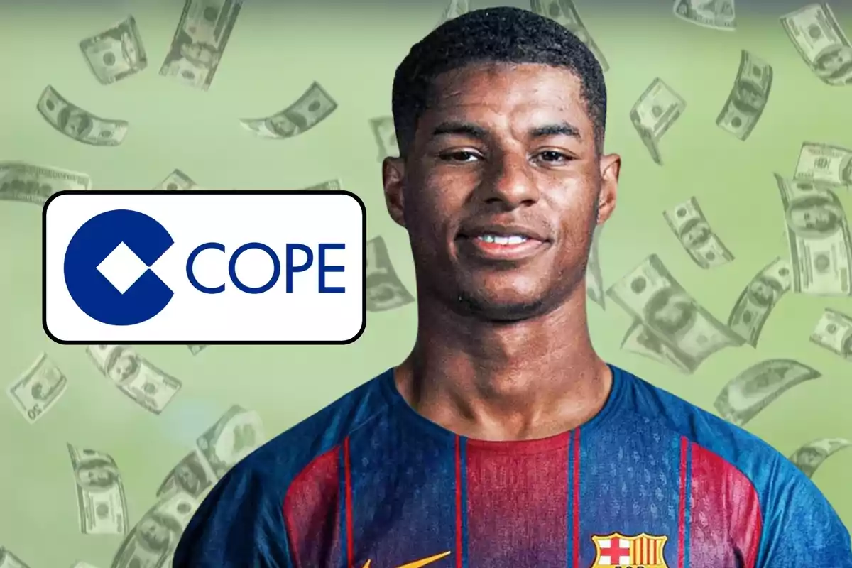 A player wearing a Barcelona jersey, dollar bills floating in the background, and the COPE logo on the left.