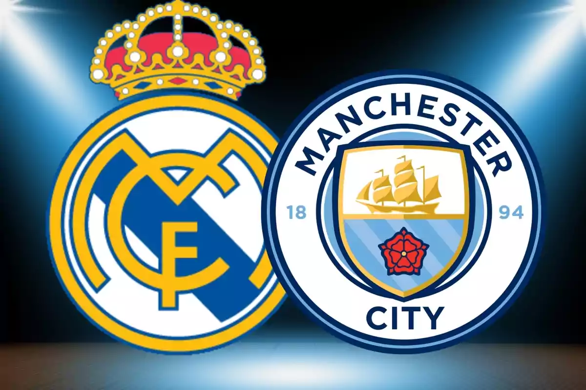 Badges of the soccer teams Real Madrid and Manchester City on a dark background with lights shining from the corners.