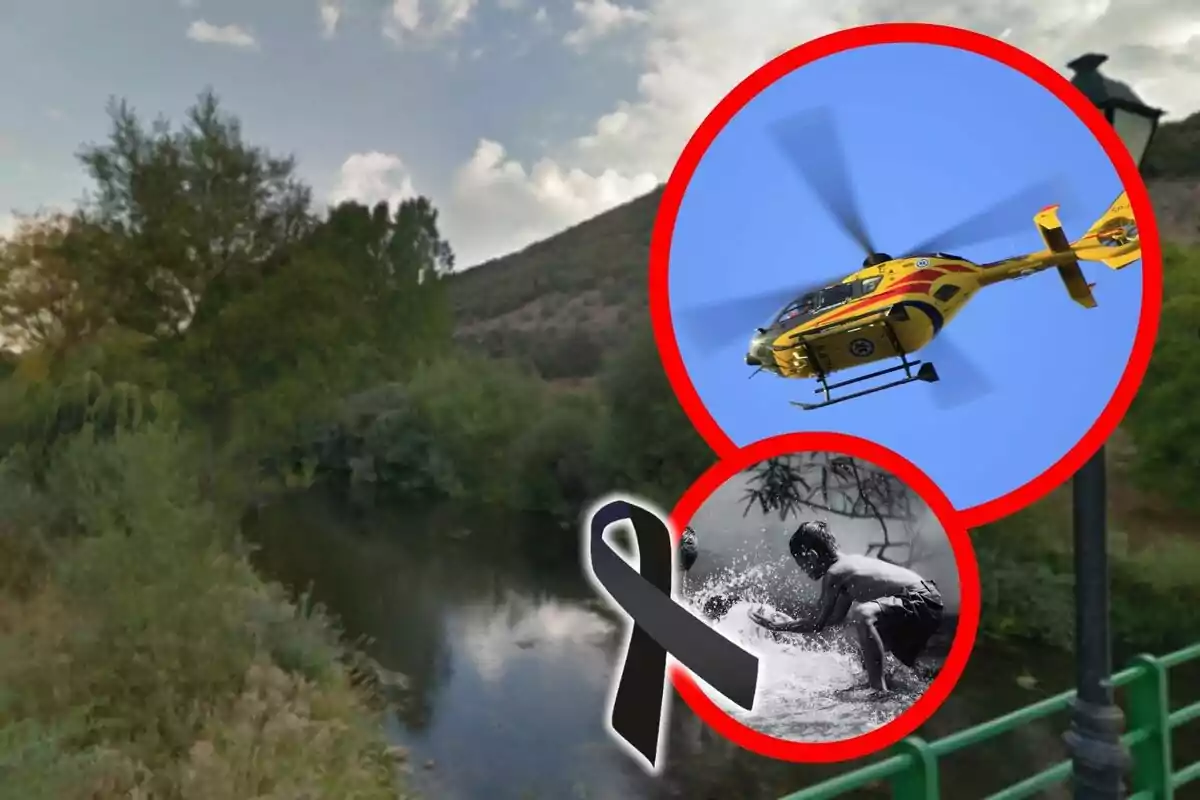 Muntatge de fotos del riu Bernesga envoltat de vegetació amb un helicòpter de rescat al cel i un llaç negre al costat de la imatge d’un nen jugant a l’aigua.