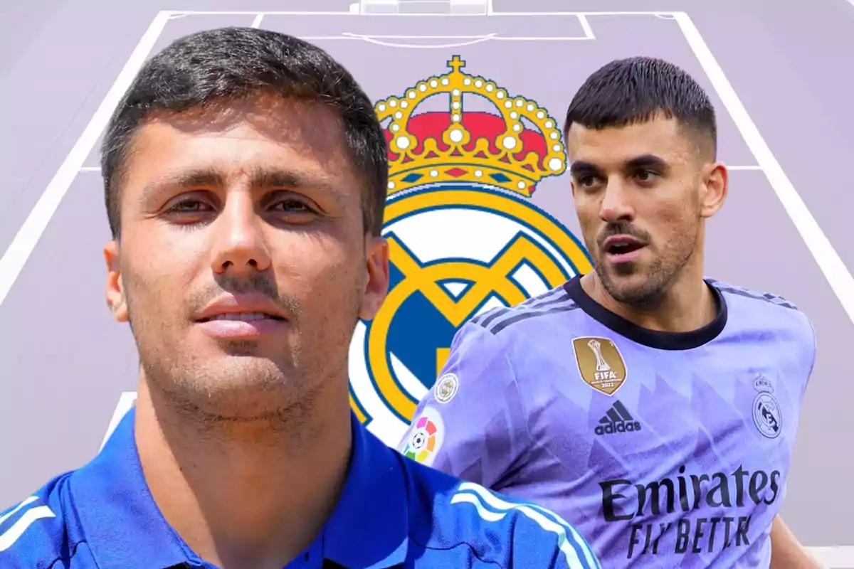 Dos futbolistes amb l’escut del Reial Madrid de fons sobre un camp de futbol estilitzat