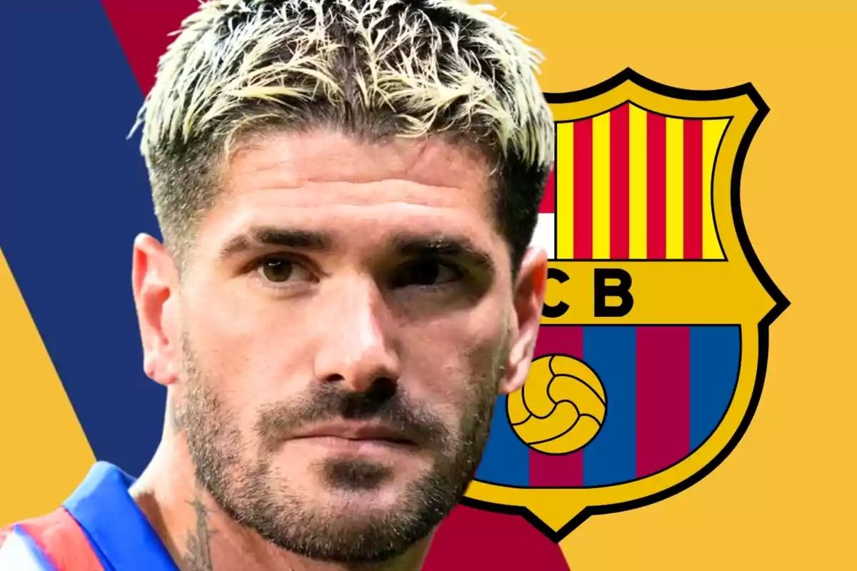 A player with blonde and dark hair in front of the FC Barcelona crest on a yellow and blue background