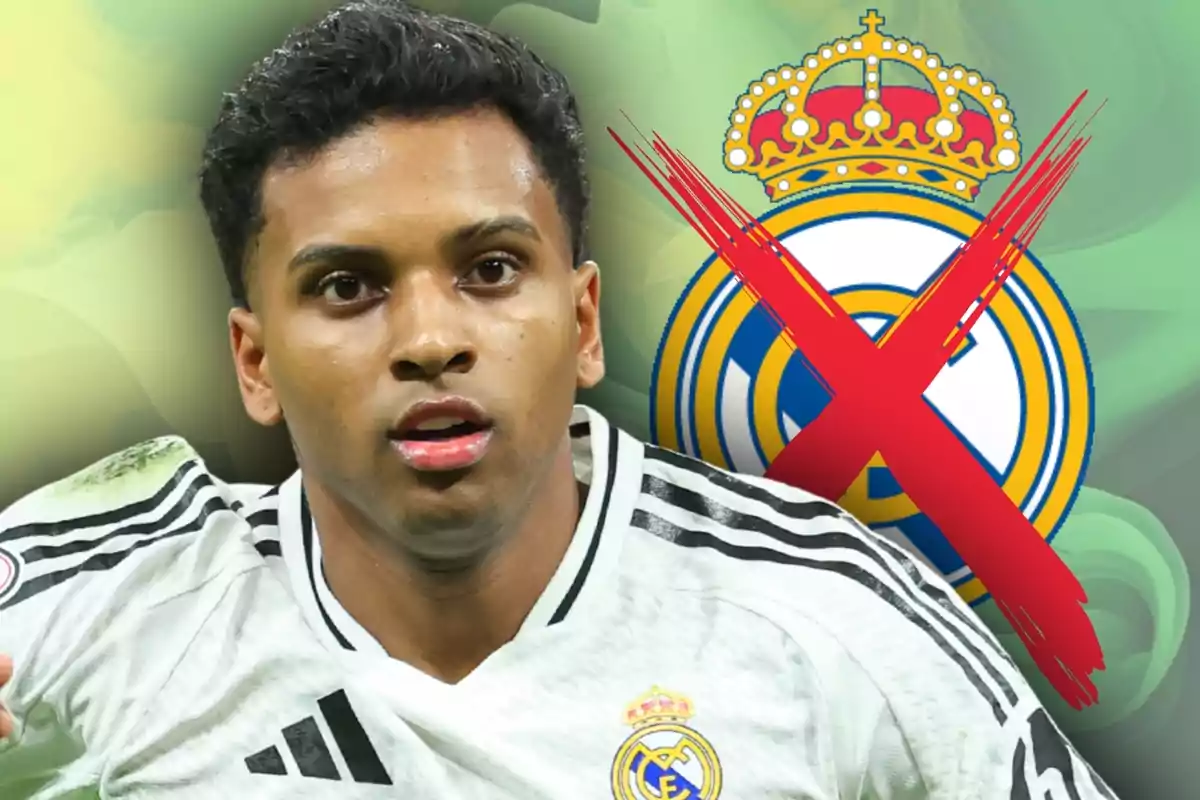 Real Madrid player with the club’s crest crossed out with a red X in the background
