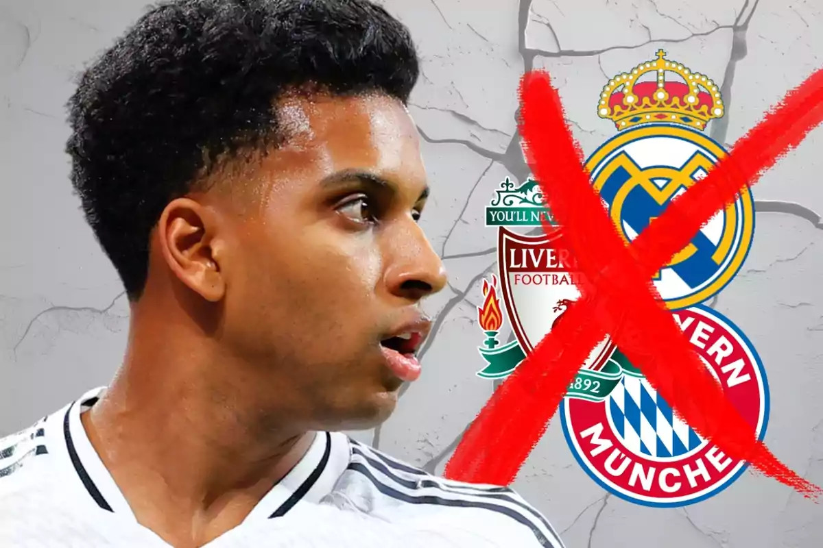 Soccer player looking to the right with the Liverpool, Real Madrid, and Bayern Munich crests in the background crossed out with a big red X