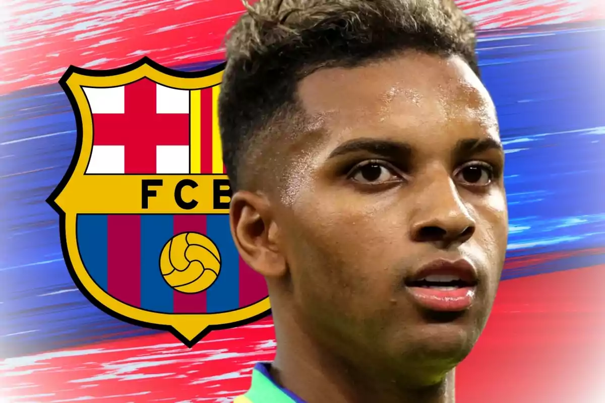 Soccer player with the FC Barcelona crest in the background on a design in blue and red tones