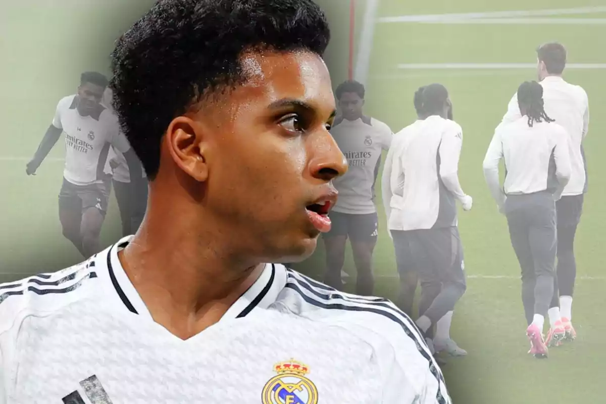 Jugador del Reial Madrid en primer pla amb expressió seriosa mentre al fons s’observen diversos companys entrenant al camp