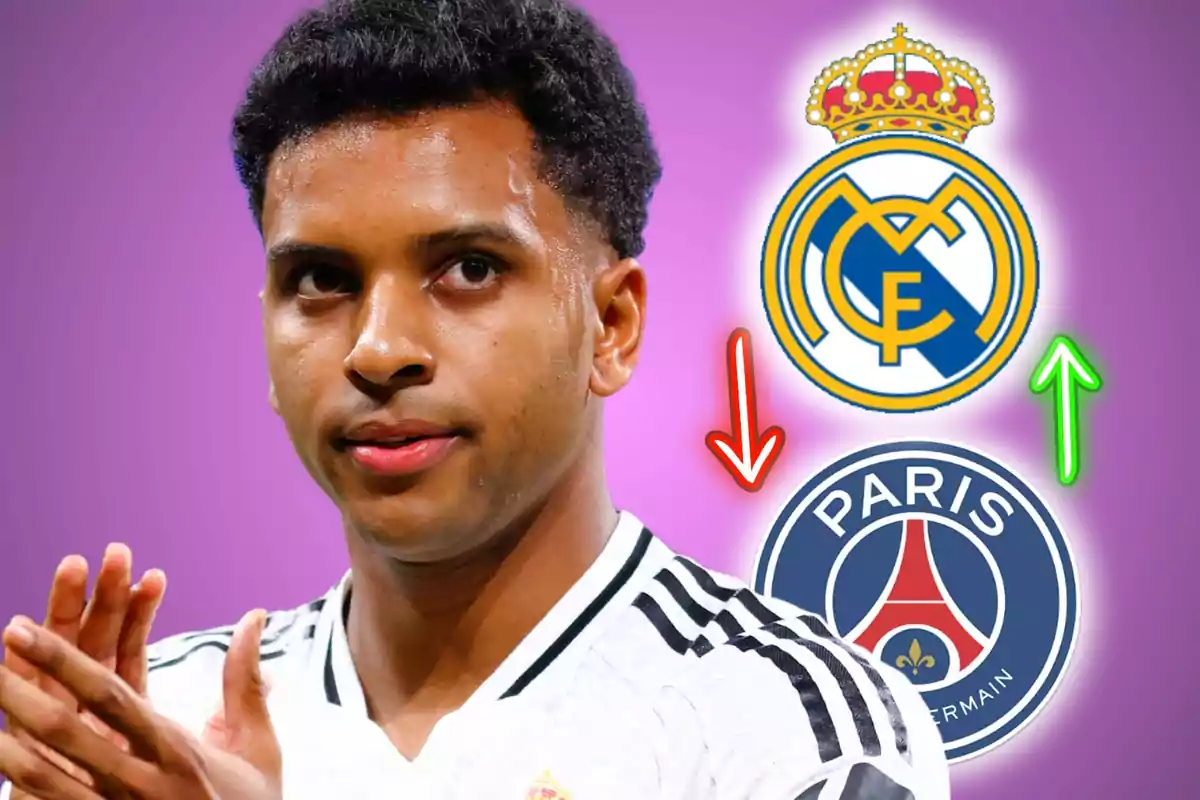 Soccer player in a white uniform in front of the Real Madrid and PSG crests with arrows indicating a possible transfer