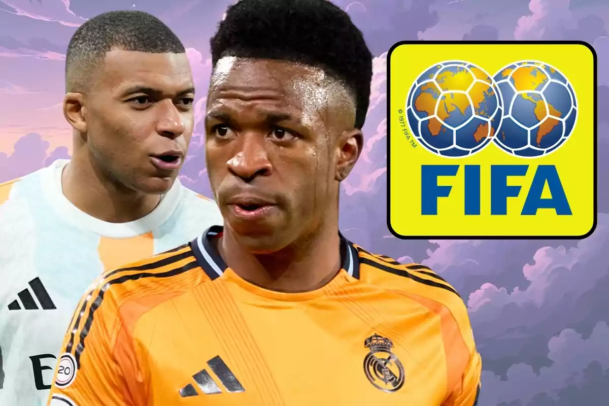 Two players in their team uniforms and the FIFA logo against a sky background with clouds