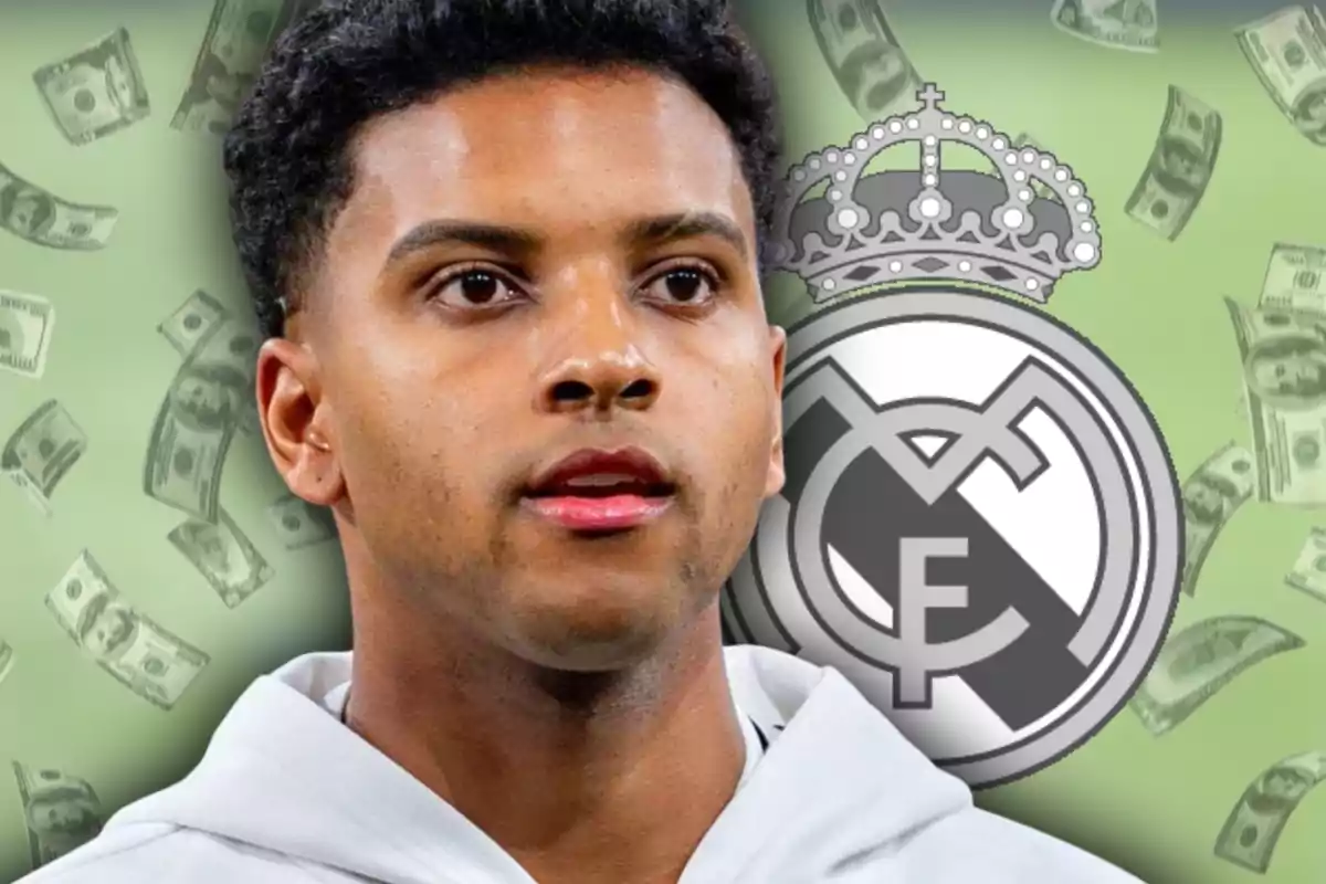 Young man in a white hoodie in front of the Real Madrid crest with bills in the background
