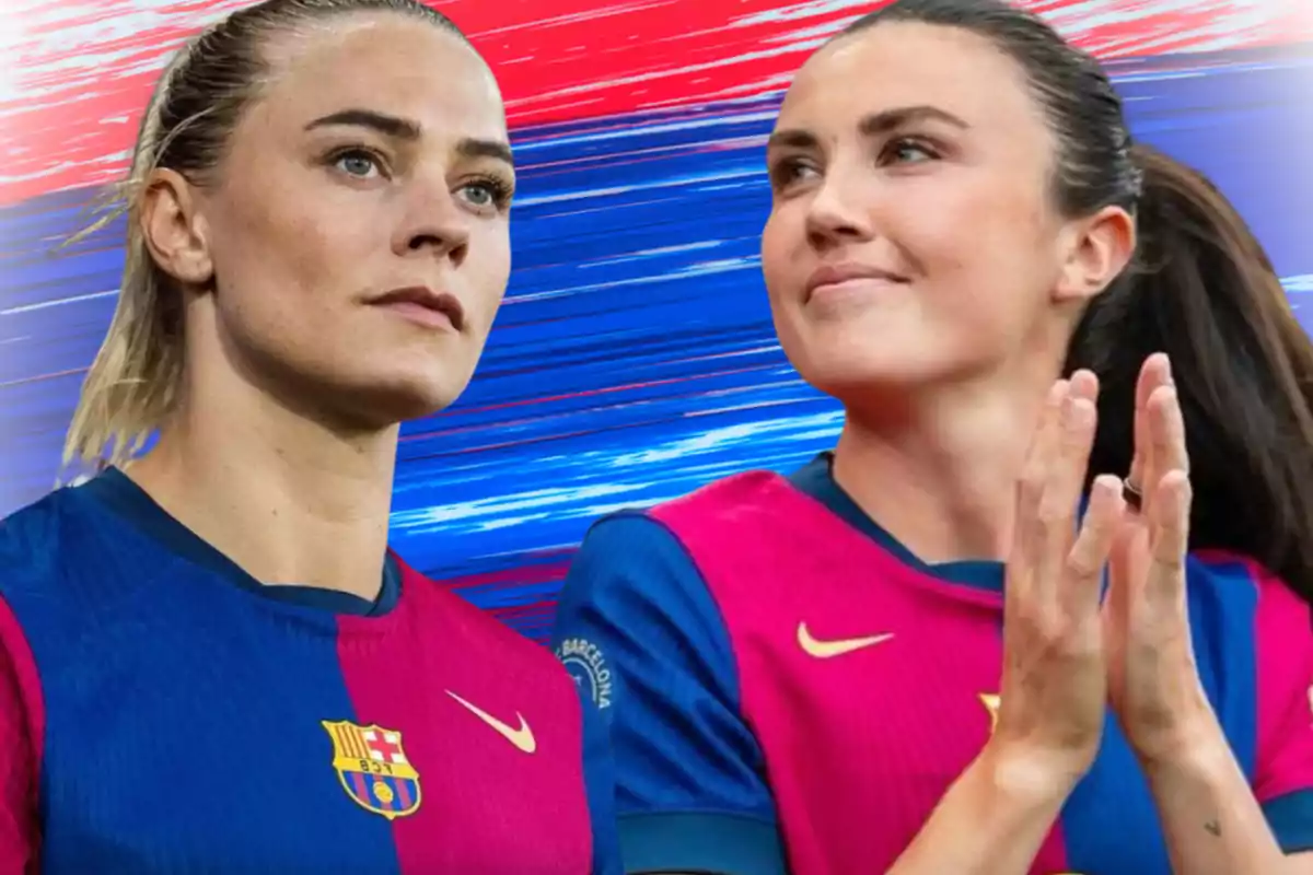 Two FC Barcelona women's players in blue and pink uniforms pose in front of a background with the club's colors.