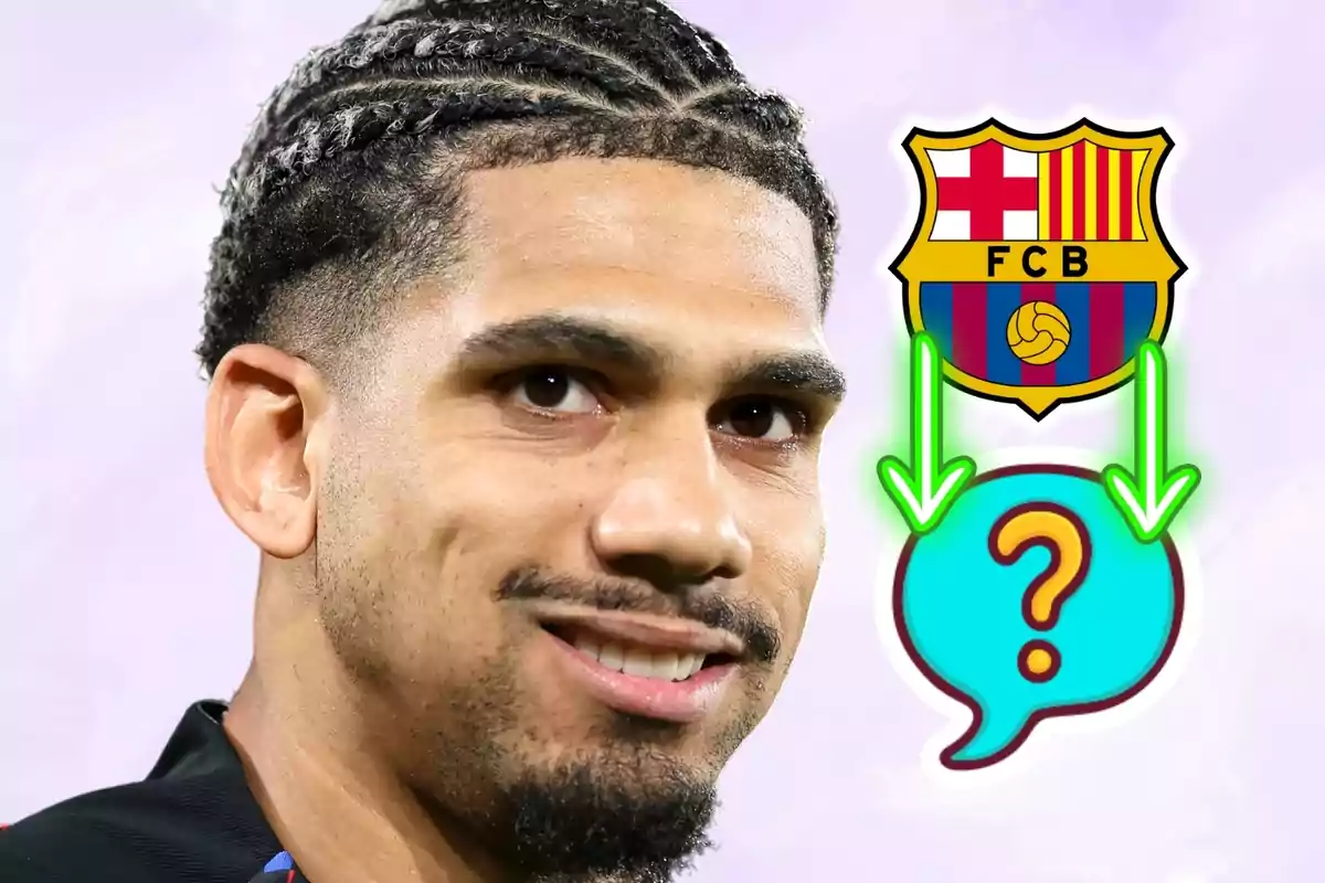 Un futbolista somrient amb trenes i l’escut del FC Barcelona al costat d’una icona de signe d’interrogació connectada per fletxes verdes