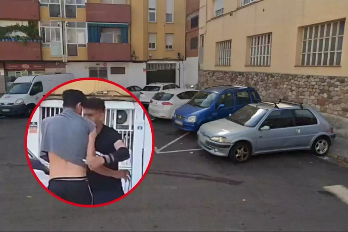 Two young people argue in the foreground inside a red circle over an image of a parking lot with several cars and buildings in the background.