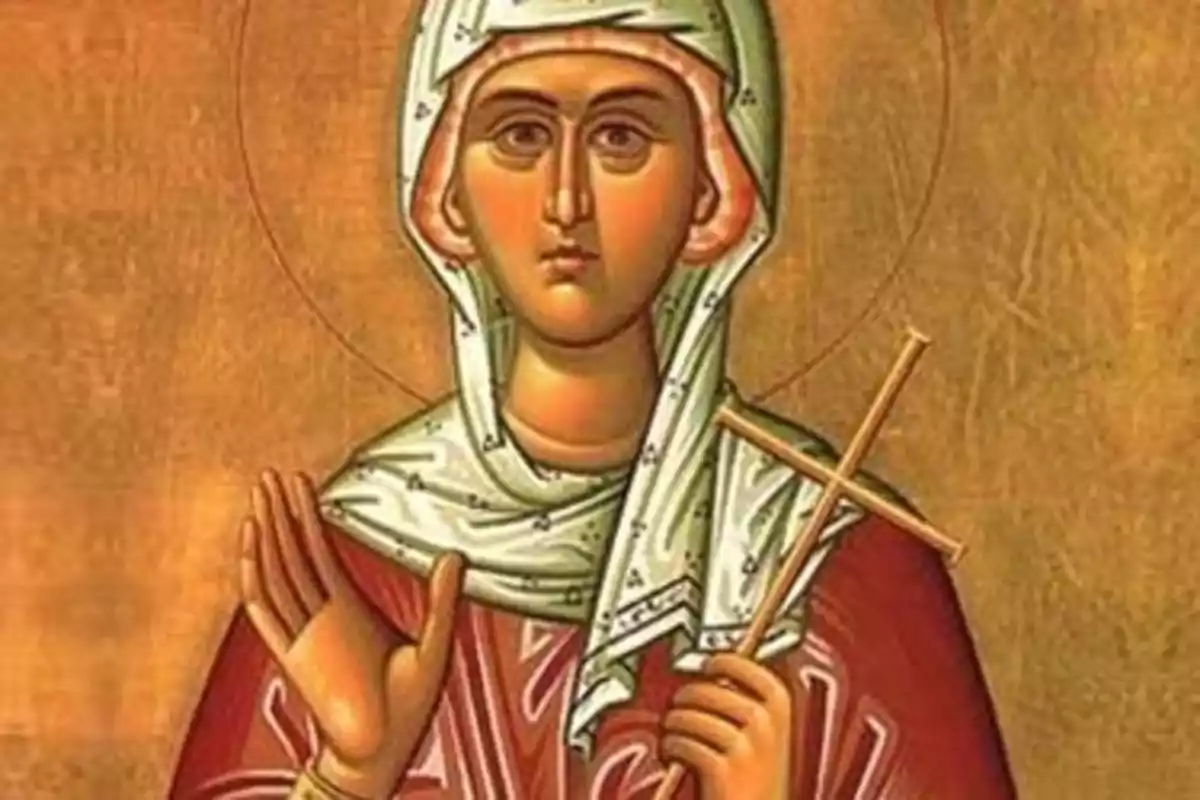 Pintura religiosa de una mujer con manto blanco y túnica roja sosteniendo una cruz en la mano derecha Pintura religiosa de una mujer con manto blanco y túnica roja sosteniendo una cruz en la mano derecha