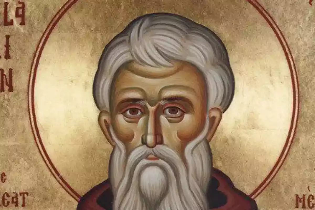 Pintura religiosa d’un home ancià amb barba i cabells blancs sobre fons daurat