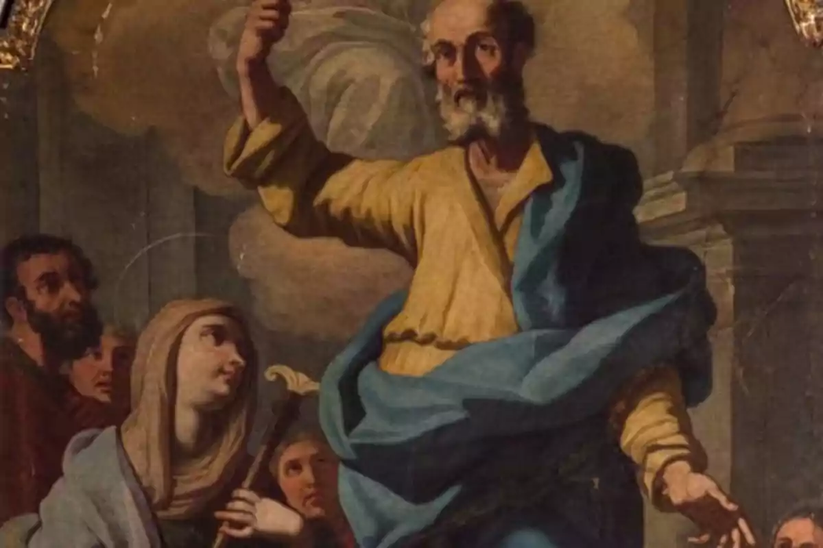 Pintura religiosa amb un home de barba i túnica groga aixecant la mà mentre diverses persones l’observen atentament