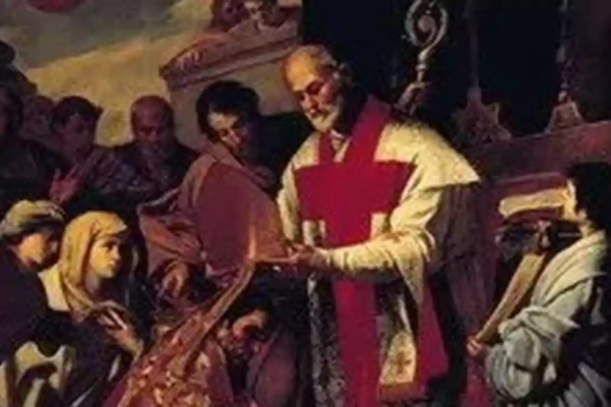 Un home amb vestimenta religiosa i una gran creu vermella al pit sosté un llibre mentre diverses persones l’envolten en un ambient fosc i solemne. Un home amb vestimenta religiosa i una gran creu vermella al pit sosté un llibre mentre diverses persones l’envolten en un ambient fosc i solemne.