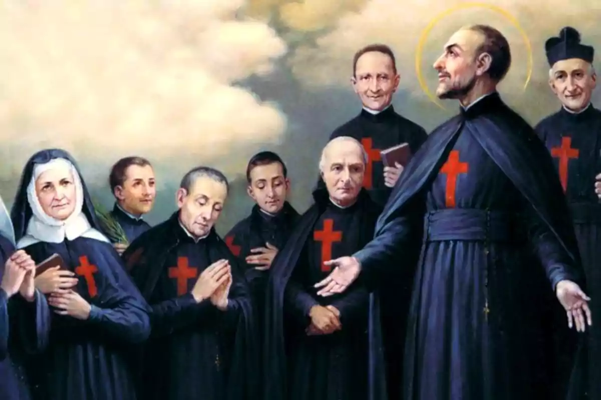 Pintura religiosa que mostra diversos sants i religioses amb hàbits foscos i creus vermelles al pit, un d’ells amb aurèola, tots reunits sota un cel ennuvolat.