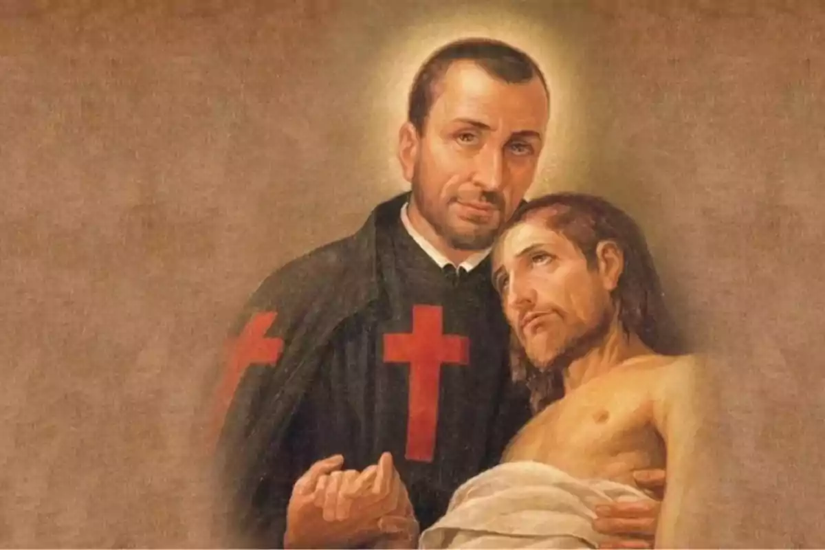 Pintura religiosa d’un home amb aureola i hàbit negre amb creus vermelles sostenint una altra persona ferida i embolicada amb un llençol blanc Pintura religiosa d’un home amb aureola i hàbit negre amb creus vermelles sostenint una altra persona ferida i embolicada amb un llençol blanc