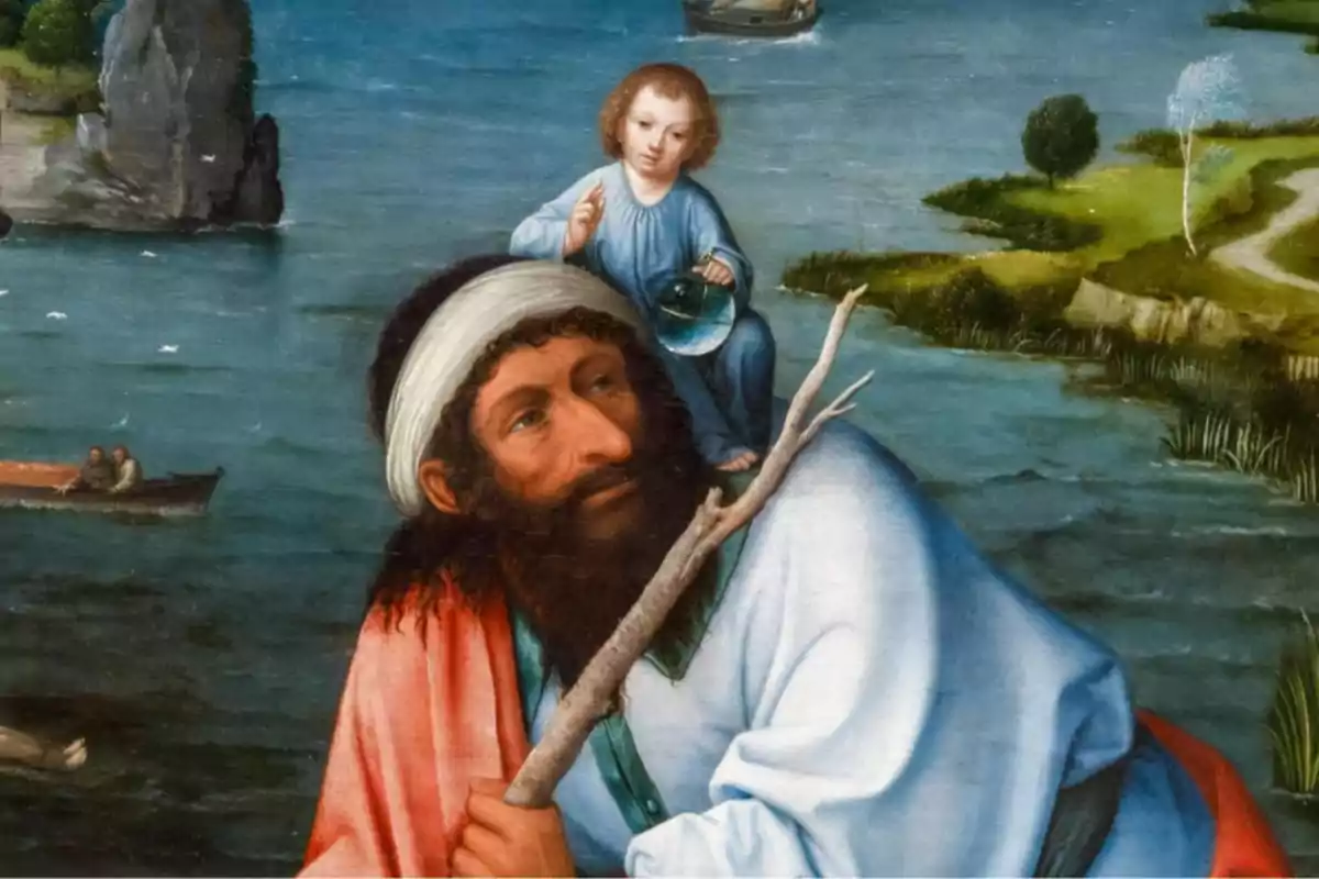 Un home barbut amb turbant creua un riu recolzat en un bastó mentre un nen vestit de blau està assegut sobre la seva espatlla sostenint una esfera de vidre i aixecant una mà en senyal de benedicció amb un paisatge d’aigua i arbres al fons. Un home barbut amb turbant creua un riu recolzat en un bastó mentre un nen vestit de blau està assegut sobre la seva espatlla sostenint una esfera de vidre i aixecant una mà en senyal de benedicció amb un paisatge d’aigua i arbres al fons.